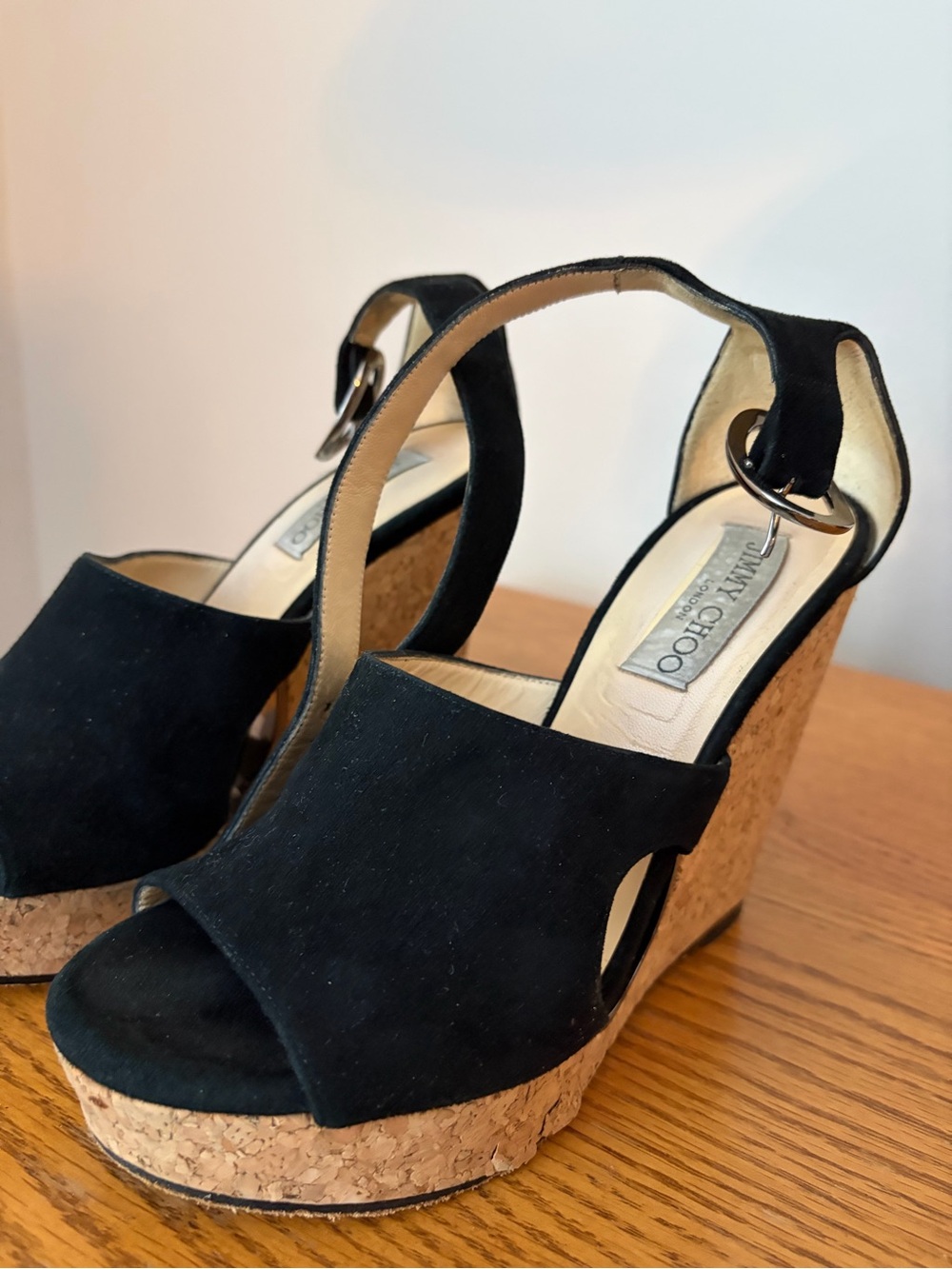 Jimmy Choo Black Suede Cork Platform Wedge Sandals